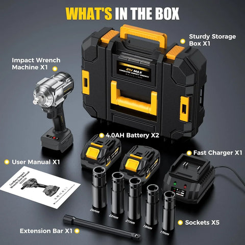 Cordless Impact Wrench, 1200Nm(900ft-lbs) High Torque 1/2'' Impact Wrench, 21V Brushless Electric Impact Gun with 2Pcs 4.0Ah Batteries, 1 Hour Fast Charger, 5 Sockets, Power Impact Driver for Car Home