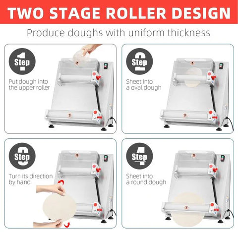Commercial Pizza Dough Roller Sheeter, Max 16, Automatic 370W Electric Pizza Dough Roller, Stainless Steel, Suitable for Noodle, Pizza Bread and Pasta Maker Equipment