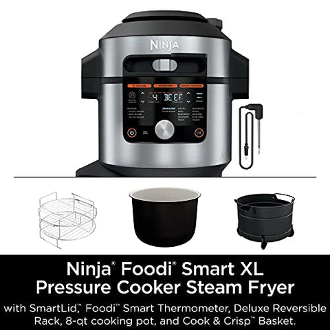 Ninja OL701 Foodi 14 in 1 SMART XL 8 Qt. Pressure Cooker Steam Fryer with SmartLid & Thermometer Auto Steam Release, that Air Fries, Proofs & More, 3 Layer Capacity, 5 Qt. Crisp Basket, Silver/Black