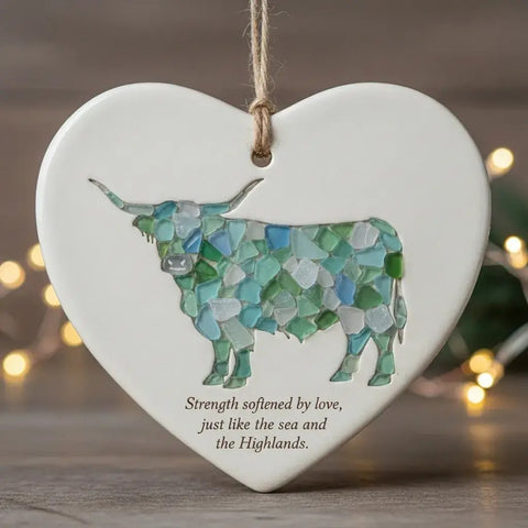Sea Glass Highland Cow Heart Ornament