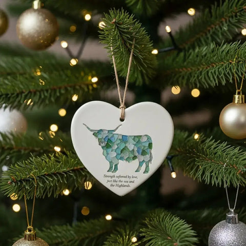 Sea Glass Highland Cow Heart Ornament