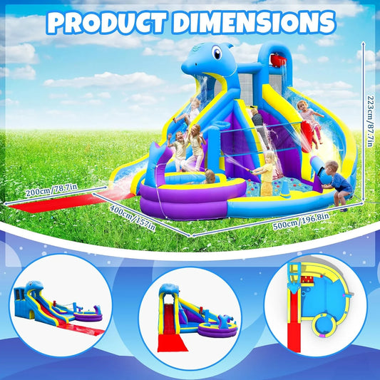 11-in-1 Inflatable Water Slide & Dolphin Bounce House w/2 Long Slides, 19.7 Ft x 13.1 Ft Extra Large Waterslide Climbing Wall w/Small Deeper Pool,Water Cannons,Hoop for Kids Backyard,550W Blower