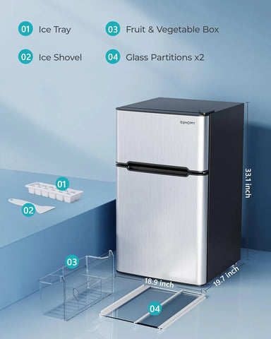 EUHOMY 3.2 Cu.Ft Mini Fridge with Freezer �� 2-Door Compact Refrigerator for Bedroom, Dorm, Office or Apartment, Silver