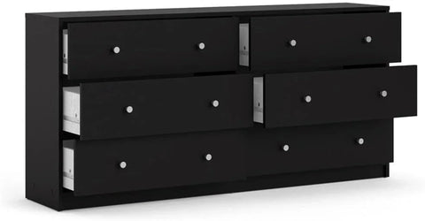 3-Pc Scandinavian Design Engineered Wood Bedroom Furniture Set with 3-Drawer Chest & 6-Drawer Double Dresser & 1-Drawer Nightstand, Pewter Plastic Handles, Smooth Plastic Glides, in Black