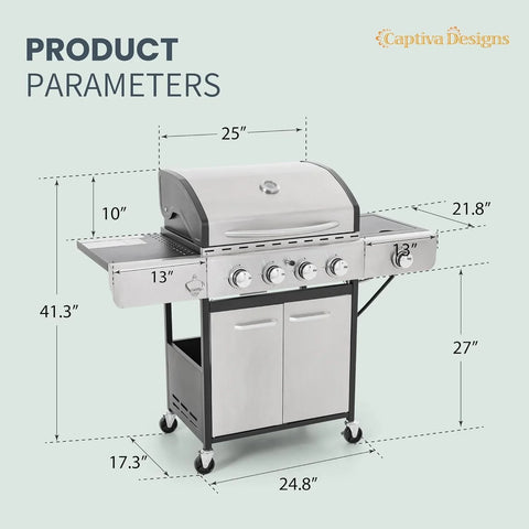 Burner Propane Gas BBQ Grill with Side Burner & Porcelain-Enameled Cast Iron Grates, 42,000 BTU Output Stainless Steel Grill for Outdoor Cooking Kitchen and Patio Backyard Barbecue-Captiva