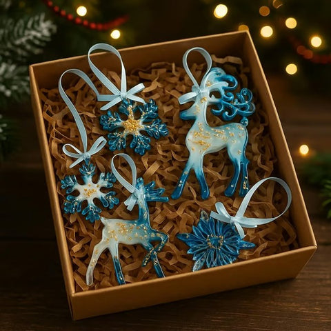 Handmade Resin Christmas Ornaments: Blue and Gold Holiday Decor
