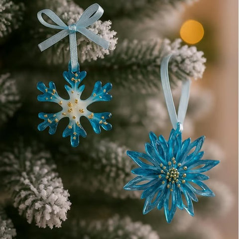 Handmade Resin Christmas Ornaments: Blue and Gold Holiday Decor