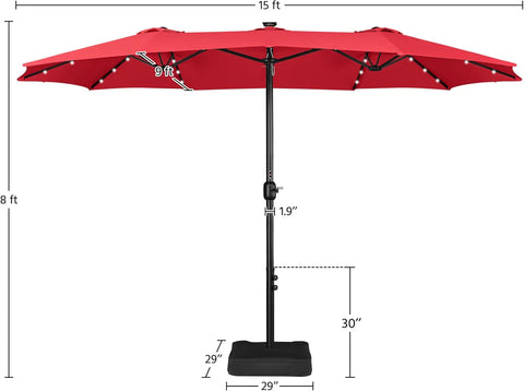 15 ft Large Patio Umbrella with Solar Lights Double-Sided Outdoor Rectangle Market Umbrellas with 36 LED Lights/Base Included/Easy Crank for Patio Garden Yard Pool Lawn, Brown
