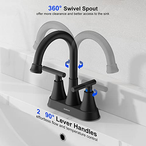 Bathroom Faucets for Sink 3 Hole, Hurran 4 inch Matte Black Bathroom Sink Faucet with Pop-up Drain