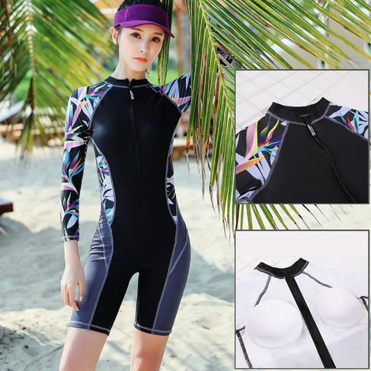 Vintage One Piece Swimsuit Women Swimwear Retro Quick Dry Front Zipper Triatlon Rash Guards Surf Swimming Suit