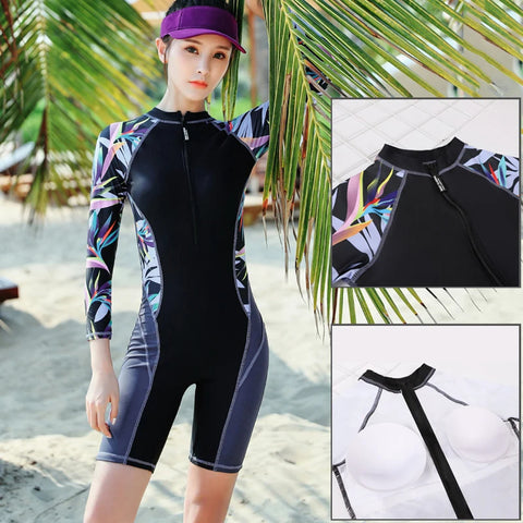 Vintage One Piece Swimsuit Women Swimwear Retro Quick Dry Front Zipper Triatlon Rash Guards Surf Swimming Suit