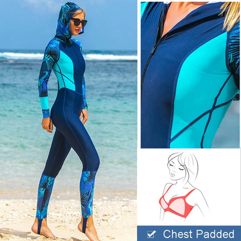 SBART UPF 50+ Full Body Diving Wetsuit One Piece Long Sleeve Rash Guard with cap women Vintage Swimwear Surfing Suit anti-uv