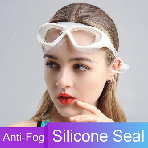 Large Frame Swimming Goggles With Earplug HD Transparent Glasses Anti fog Silicone Waterproof Men Women swim eyewear adult