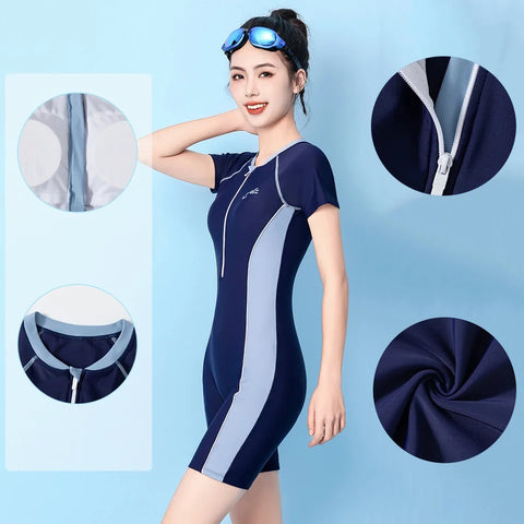 Vintage One Piece Swimsuit Women Swimwear Quick Dry Front Zipper Long Sleeve Trunks Rash Guard Surf Swimming Suit