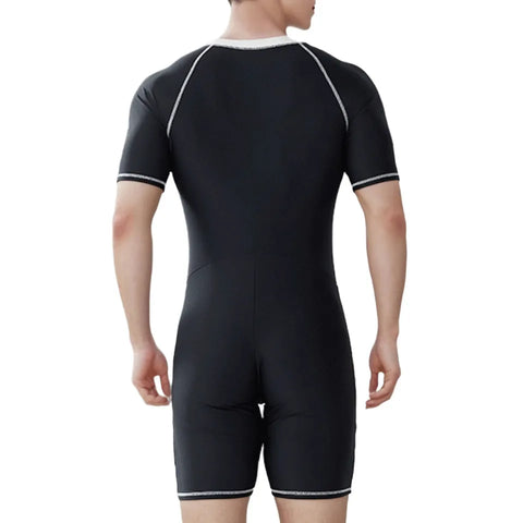 Mens Swim Leotard Summer One-Piece Rash Guard Swimsuit Bathing Suit Beachwear Swimwear Short Sleeve Front Zipper Jumpsuit Romper