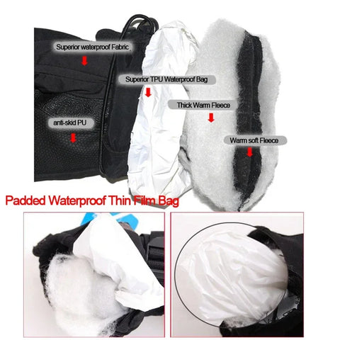 1pair Black Snow Ski Gloves Waterproof -30 Winter Warm Snowboard Gloves Men Women Motocross Windproof Cycling Motorcycle HEAD