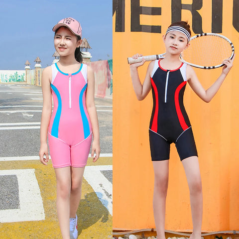 Prefessional One Piece Swimsuit Girls Athlete Swimwear Trunks Children Front Zip Competitive Swimming Bathing Suit for Kids
