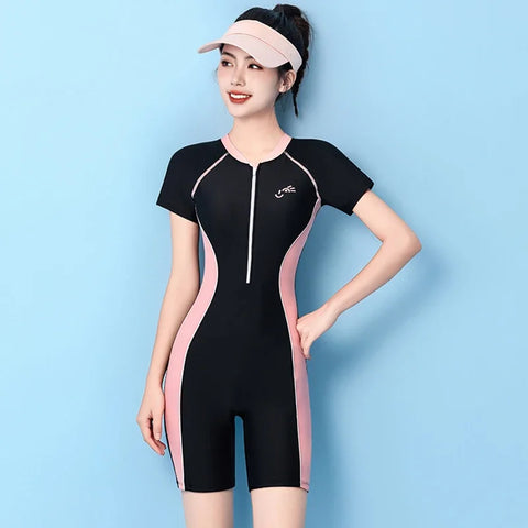 Vintage One Piece Swimsuit Women Swimwear Quick Dry Front Zipper Long Sleeve Trunks Rash Guard Surf Swimming Suit