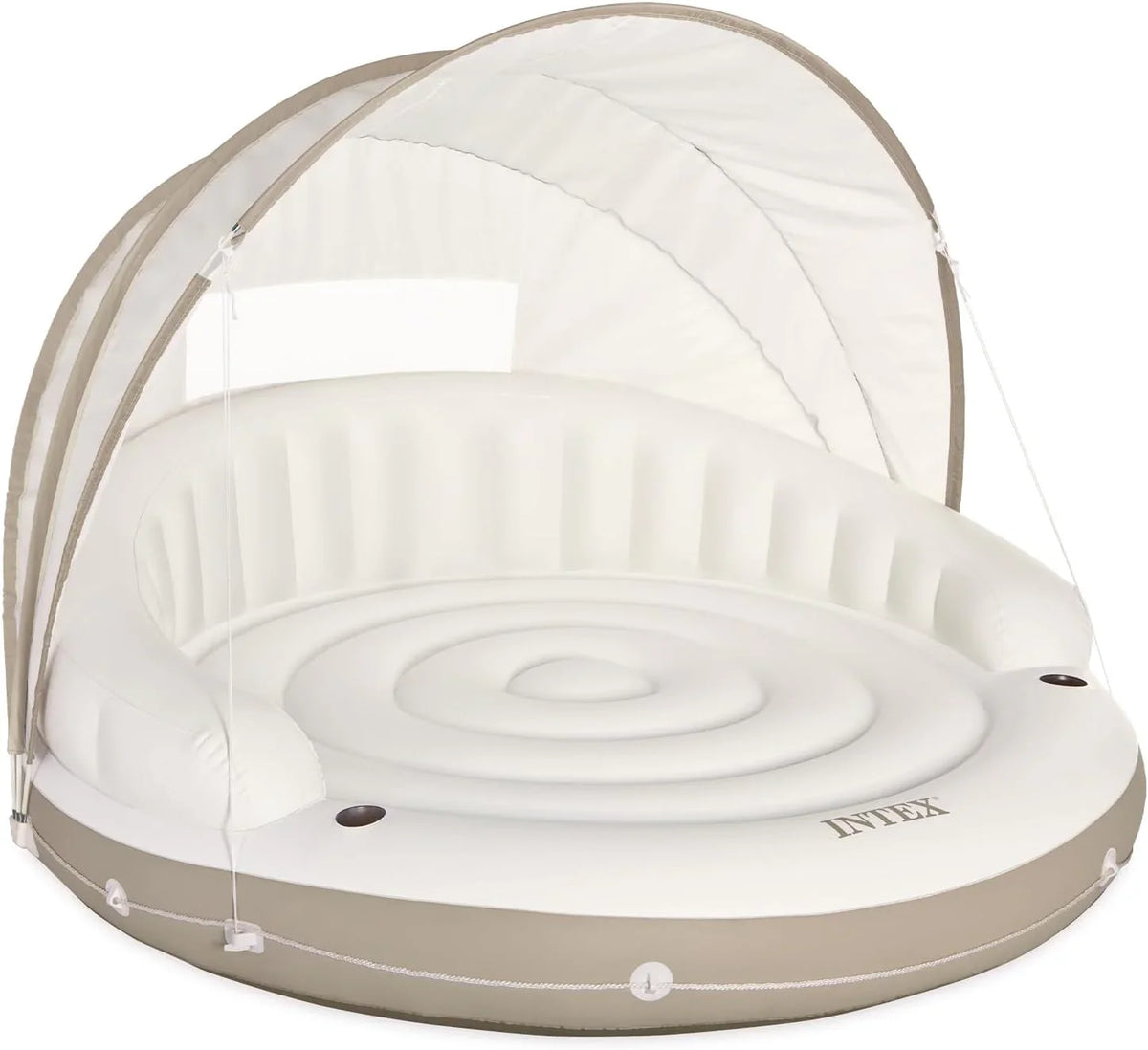 58292EP Canopy Island Inflatable Pool Float: Comfortable Lounge Surface �� Built-in Cup Holders �� Detachable Sunshade �� 440lb Max Weight Capacity �� 78.5" x 59"