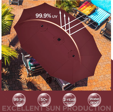 15 ft Large Patio Umbrella with Solar Lights Double-Sided Outdoor Rectangle Market Umbrellas with 36 LED Lights/Base Included/Easy Crank for Patio Garden Yard Pool Lawn, Brown