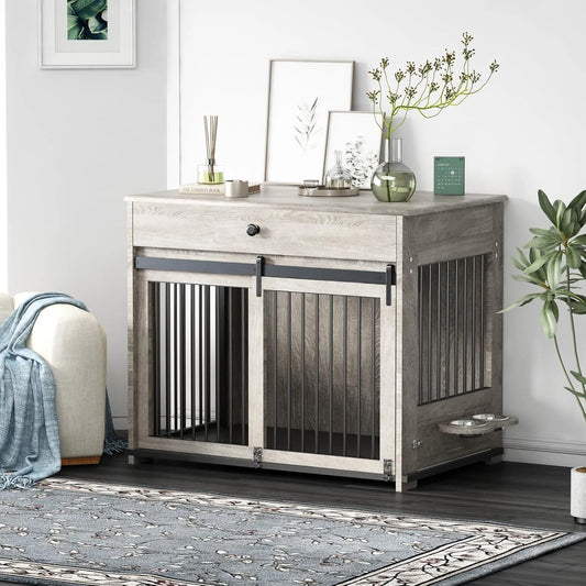 Wooden dog cage furniture, indoor kennel, with flip-up door, 360° rotating dog bowl and storage drawer, suitable for medium to large-sized dogs, durable dog cage, white.