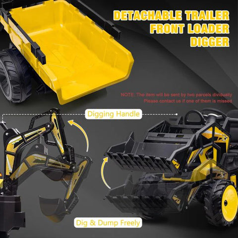 3-in-1 Ride-On Tractor, 24V Electric, Excavator & Bulldozer, Remote Control, LED, Music, USB/Bluetooth max 66 lbs �� Bright-yellow