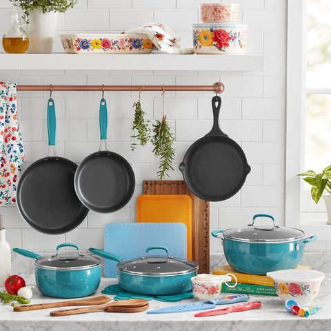 The Pioneer Woman Brilliant Blooms 38-Piece Cookware Set, Teal �� Complete Kitchen Solution with Floral Design