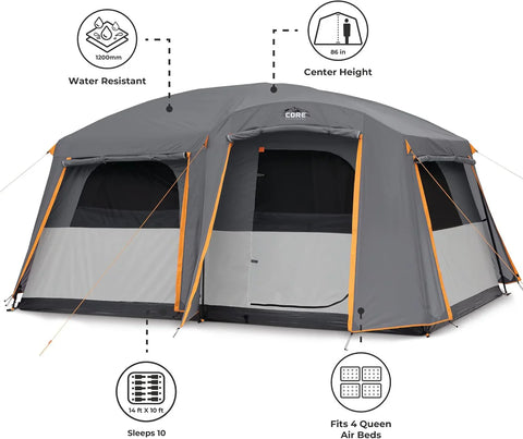 CORE Straight Wall Cabin Tents | 10 Person / 11 Person / 12 Person Large Multi Room Family Tents for Car Camping & Outdoor Adventures