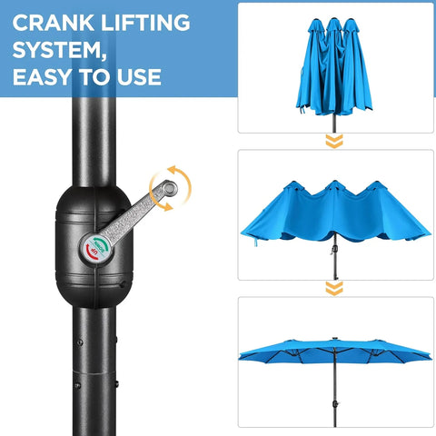 15 ft Large Patio Umbrella with Solar Lights Double-Sided Outdoor Rectangle Market Umbrellas with 36 LED Lights/Base Included/Easy Crank for Patio Garden Yard Pool Lawn, Brown