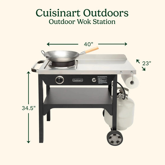 Cuisinart �� Outdoor Wok Station, 50,000 BTU Propane Outdoor Wok Burner w Prep Table, 14�测�� Carbon Steel Wok for Stir Fry, Searing, BBQ �� Black
