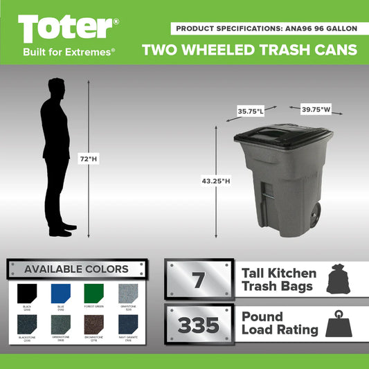 Toter 96 Gallon Trash Can with Smooth Wheels and Lid ;