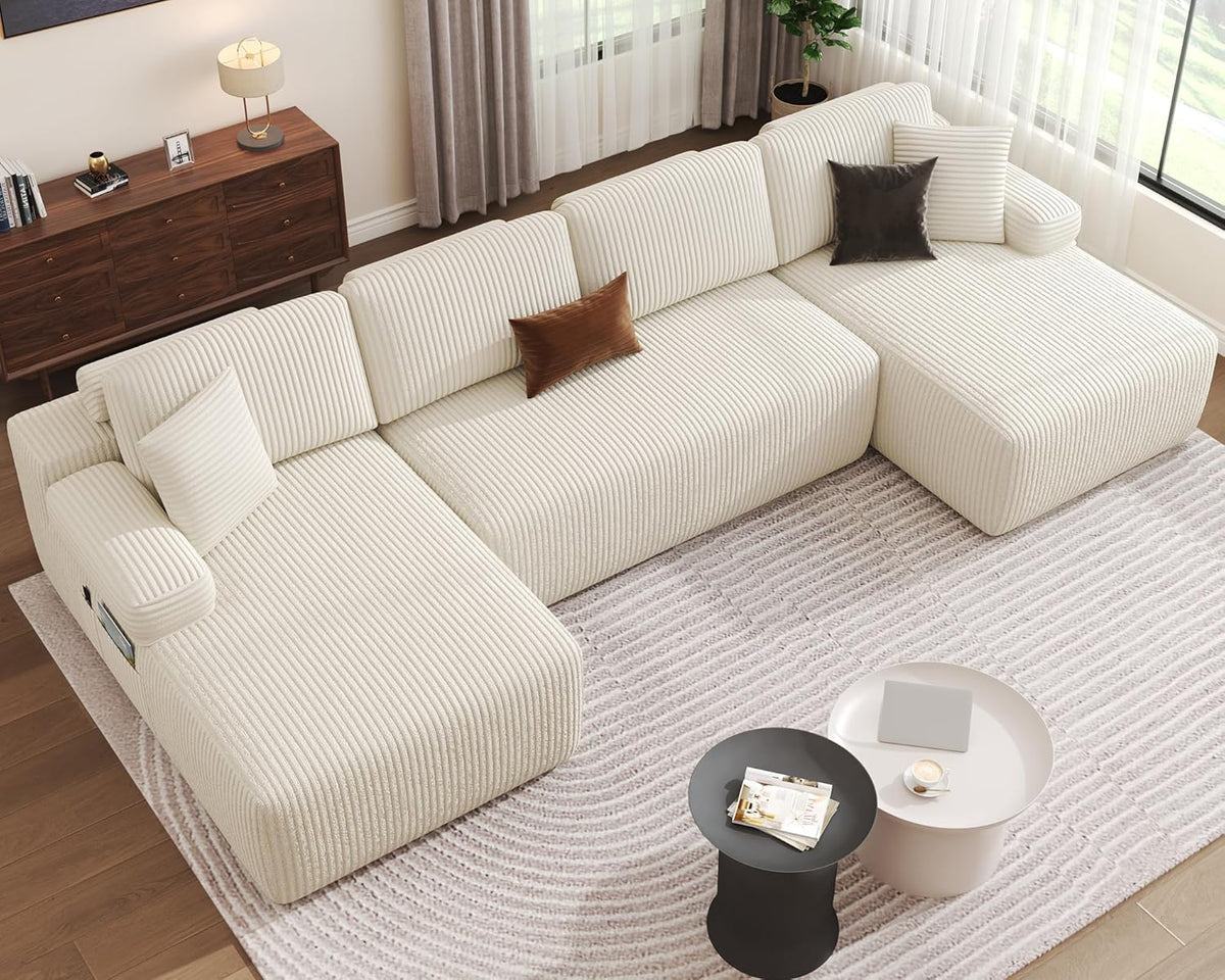 126.2 inches, modular U-shaped deep-set sofa, thick velvet mattress sofa bed, suitable for living room, no assembly required (beige)