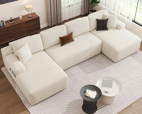 126.2 inches, modular U-shaped deep-set sofa, thick velvet mattress sofa bed, suitable for living room, no assembly required (beige)