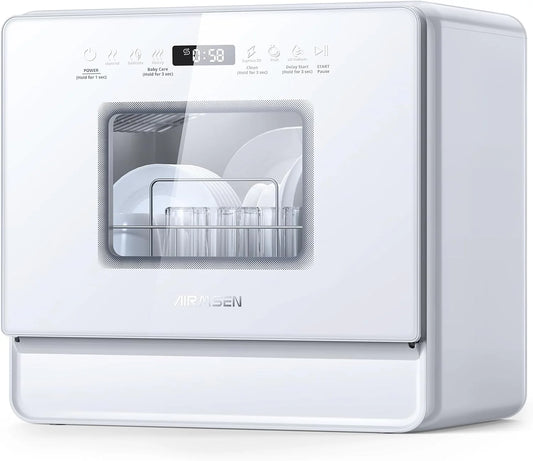 Desktop dishwasher set, double-layer shelf design, portable dishwasher, built-in 5-liter water tank, 3 spray arms, 12-hour delay start, no need to connect power supply, white model