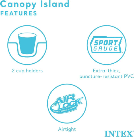 58292EP Canopy Island Inflatable Pool Float: Comfortable Lounge Surface �� Built-in Cup Holders �� Detachable Sunshade �� 440lb Max Weight Capacity �� 78.5" x 59"