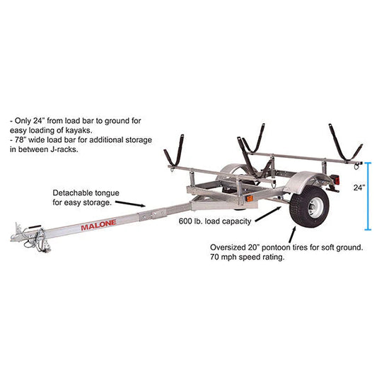 Malone LowMax 2 Kayak Trailer Package, 600 lb Capacity, Galvanized Steel, LED Lights, 70 MPH Rated Tires