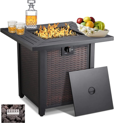 28-inch, 50,000-watt automatic ignition gas fire pit table, CSA-certified, imitation wicker wood material, equipped with a 6.6-pound stone shelf, suitable for gardens/terraces/balconies/backyards.