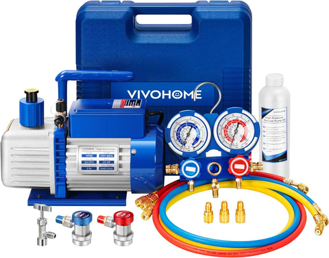 A single-stage rotary vane air vacuum pump with 110V, 1/3 horsepower and 4 cubic feet per minute, as well as an R134a AC manifold pressure gauge kit (with leak detector carry bag), is suitable for HVAC refrigeration and charging applications.