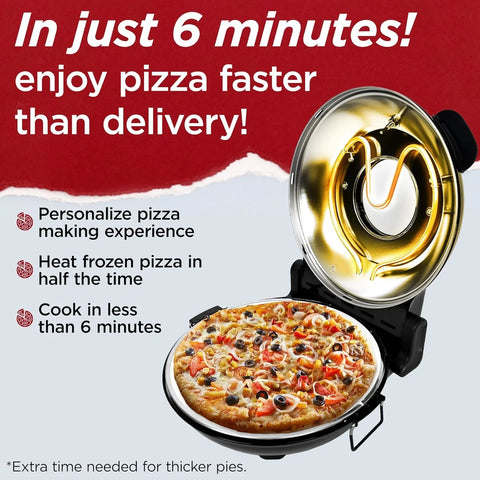 Electric Pizza Oven with Ceramic Stone, Viewing Window, Adjustable Heat Control, Timer and 1200W Baking Power, DIY Homemade Pizzeria, Large 12�� Pie Capacity (Black)
