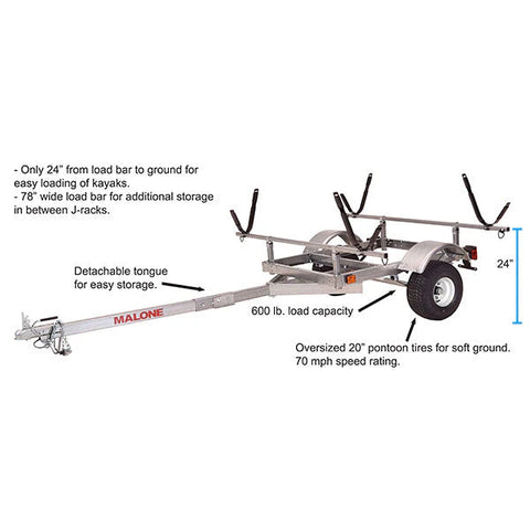 Malone LowMax 2 Kayak Trailer Package, 600 lb Capacity, Galvanized Steel, LED Lights, 70 MPH Rated Tires