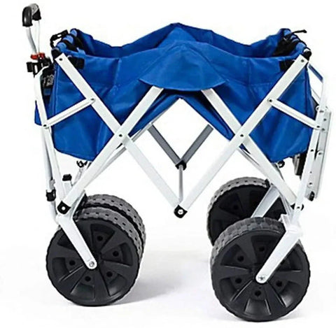 All Terrain Beach Wagon with Side Table|Heavy Duty Collapsible Folding Cart with Large Wheels for Beach Day, Picnic, Camping, Outdoor Activities | Blue/White