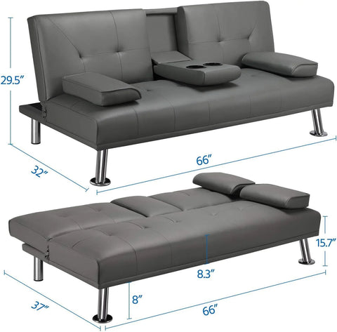 Yaheetech Convertible Sofa Bed Adjustable Couch Sleeper Modern Faux Leather Home Recliner Reversible Loveseat Folding Daybed Guest Bed, Removable Armrests, Cup Holders, 3 Angles, 772lb Capacity, Black