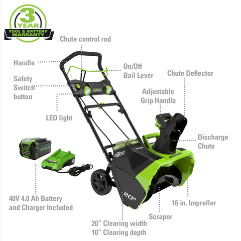 Greenworks 40V 20锟芥�锟斤拷 Cordless Brushless Snow Blower with 4.0 Ah Battery & Charger, LED Lights, 180�� Chute