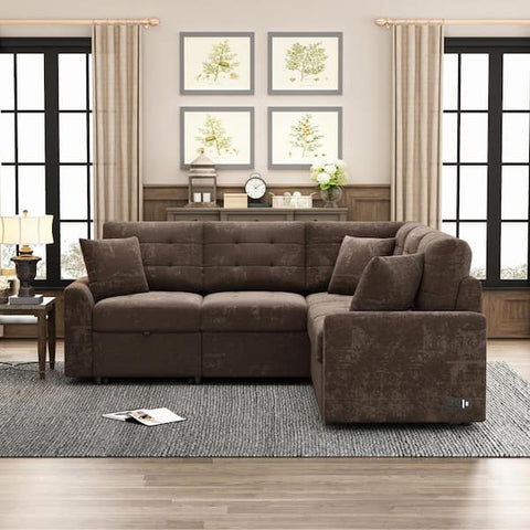 82.6 in. L Shaped Corded Velveteen Modern Sectional Sofa Pull-out Sleeper Sofa in. Brown with USB Ports, Power Sockets