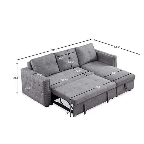 Reversible 90.5in. Gray Velvet Sleeper Sectional Sofa L-Shape 3 Seat Sectional Couch with Storage