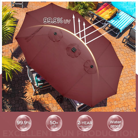 15 ft Large Patio Umbrella with Solar Lights Double-Sided Outdoor Rectangle Market Umbrellas with 36 LED Lights/Base Included/Easy Crank for Patio Garden Yard Pool Lawn, Brown
