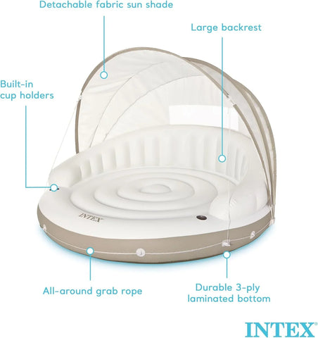 58292EP Canopy Island Inflatable Pool Float: Comfortable Lounge Surface �� Built-in Cup Holders �� Detachable Sunshade �� 440lb Max Weight Capacity �� 78.5" x 59"