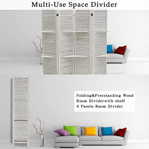 ECOMEX Room Divider 4 Panel, White with Shelves, Wall Dividers and Folding Privacy Screens