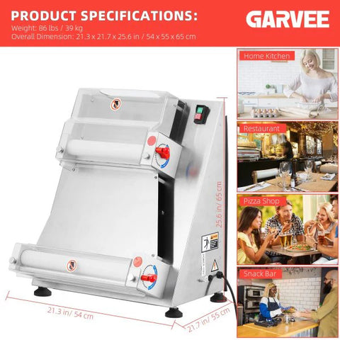 Commercial Pizza Dough Roller Sheeter, Max 16, Automatic 370W Electric Pizza Dough Roller, Stainless Steel, Suitable for Noodle, Pizza Bread and Pasta Maker Equipment