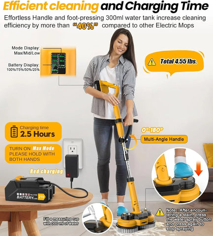6000mAh Battery Electric Mop M1, 800RPM Cordless Electric Power Scrubber & Mops for Floor Cleaning, Best Automatic Spin Mops with Smart Display,Rotating Mop with LED Light & Water Spray-qimedo